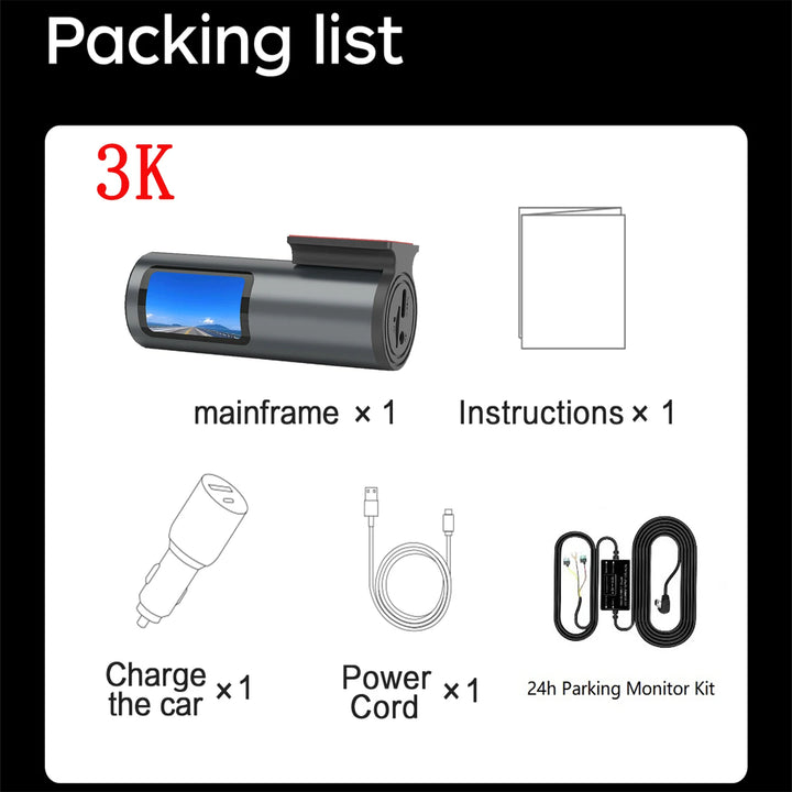 Mini 4K WiFi Dash Cam – G-Sensor 24H Parking Mode Loop Recording USB Install