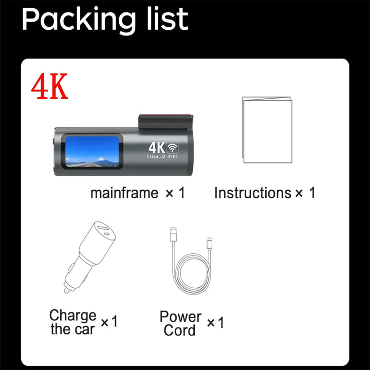 Mini 4K WiFi Dash Cam – G-Sensor 24H Parking Mode Loop Recording USB Install
