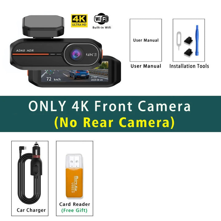 4K Dual Dash Cam WiFi GPS ADAS – Front 4K Rear 2.5K 24H Night Vision Black Box