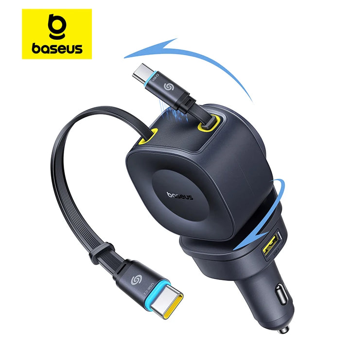 Baseus 240W 4-Port Car Charger – Dual Retractable Cable PD USB-C Fast Charge