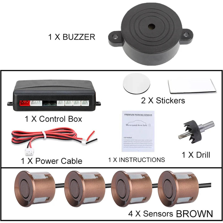 Car Parking Sensor Kit 22mm – 4 Sensors Reverse Radar Buzzer Alert 12 Colors