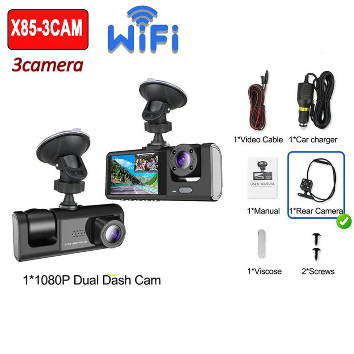 2/3-Channel Dash Cam 1080P – WiFi Cabin Interior Car DVR Three-Way Recorder