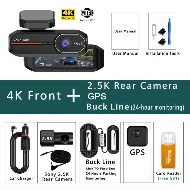 4K Dual Dash Cam WiFi GPS ADAS – Front 4K Rear 2.5K 24H Night Vision Black Box