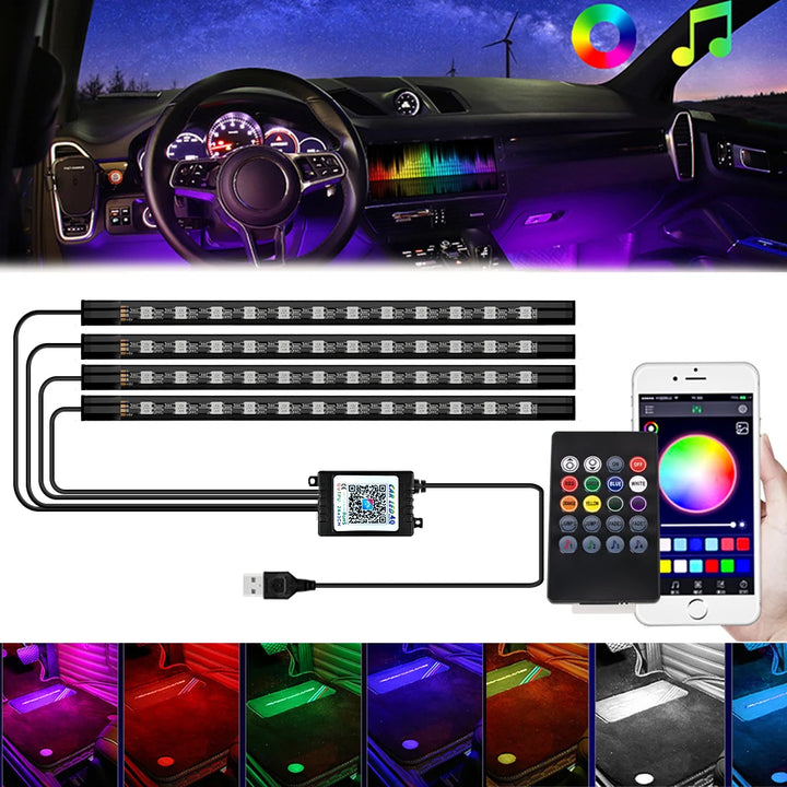 RGB Car Ambient Light Kit – LED Foot Strip Music Sync APP Remote USB Powered