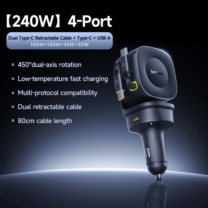 Baseus 240W 4-Port Car Charger – Dual Retractable Cable PD USB-C Fast Charge