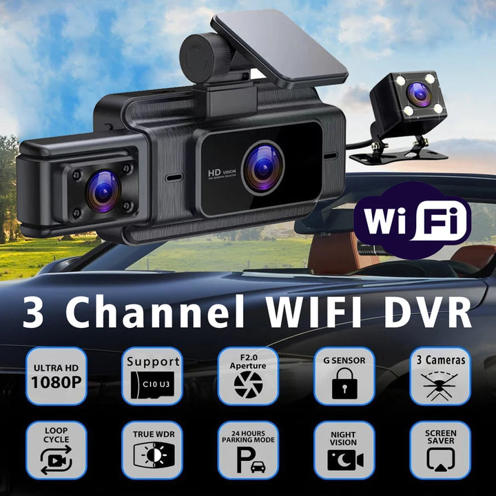 WiFi 3-Channel Dash Cam 1080P – Front Rear & Cabin Interior Black Box Recorder