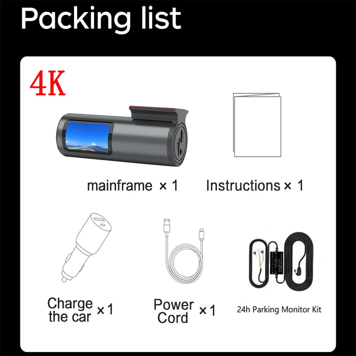 Mini 4K WiFi Dash Cam – G-Sensor 24H Parking Mode Loop Recording USB Install