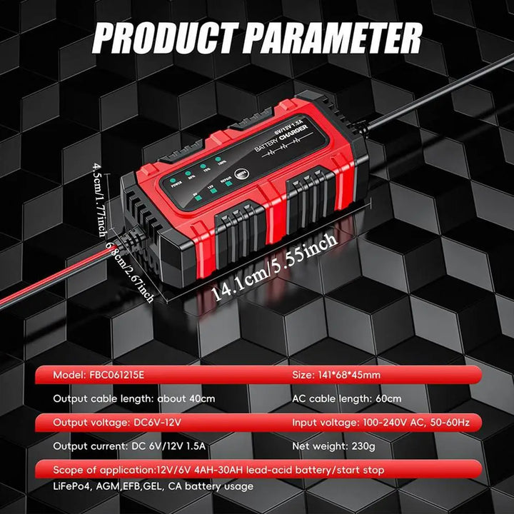 1.5A Trickle Battery Charger Maintainer – 6V/12V Automatic Tender Car & Moto