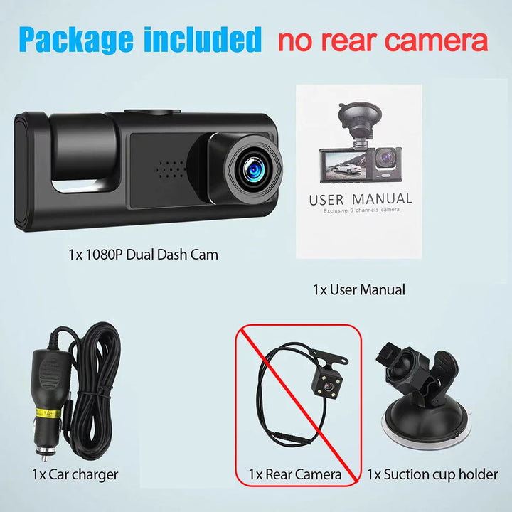 3-Channel Dash Cam 1080P – Front Rear & Interior Car DVR Black Box Recorder