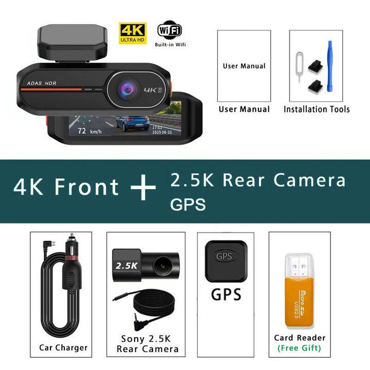 4K Dual Dash Cam WiFi GPS ADAS – Front 4K Rear 2.5K 24H Night Vision Black Box