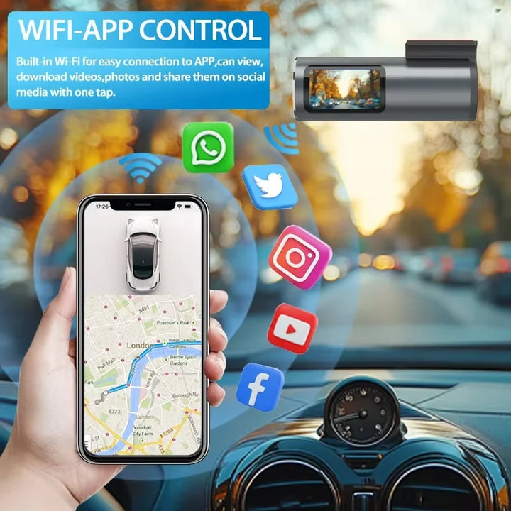Mini 4K WiFi Dash Cam – G-Sensor 24H Parking Mode Loop Recording USB Install
