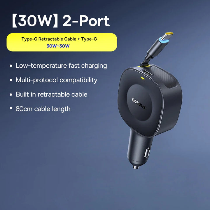 Baseus 240W 4-Port Car Charger – Dual Retractable Cable PD USB-C Fast Charge