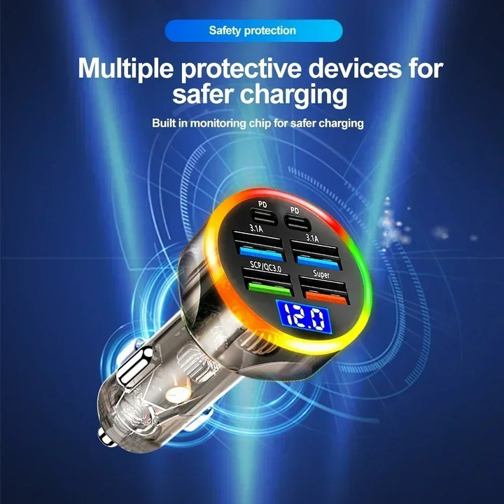 6-Port Car Charger QC3.0 – 12/24V Colorful LED Multi-Port Quick Charge Adapter