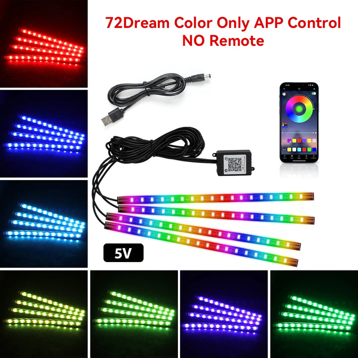 RGB Car Ambient Light Kit – LED Foot Strip Music Sync APP Remote USB Powered