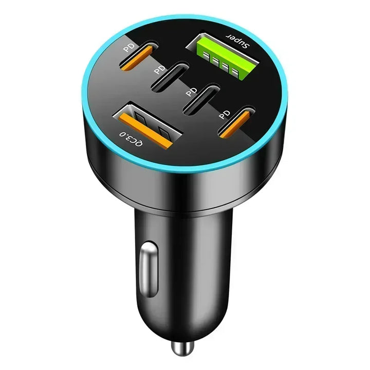 6-Port Car Charger QC3.0 – 12/24V Colorful LED Multi-Port Quick Charge Adapter