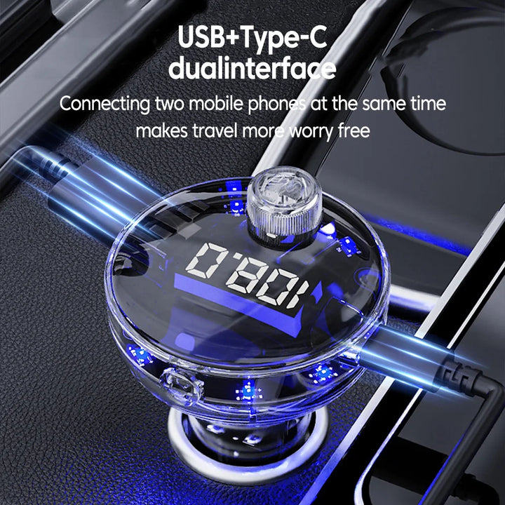Bluetooth 5.3 FM Transmitter USB-C Dual Charger – Hands-Free Ambient Light