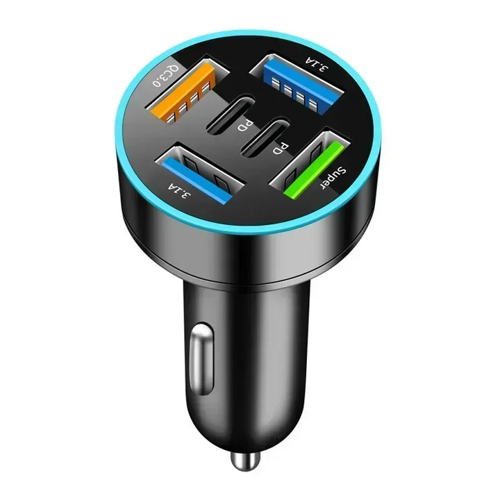 6-Port Car Charger QC3.0 – 12/24V Colorful LED Multi-Port Quick Charge Adapter