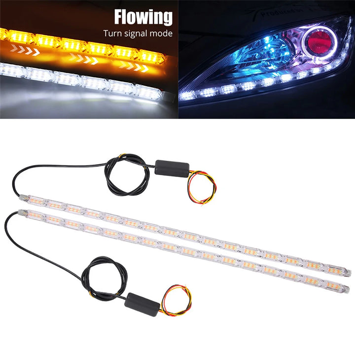 Flexible DRL LED Strip Pair – White Driving & Yellow Flowing Turn Signal
