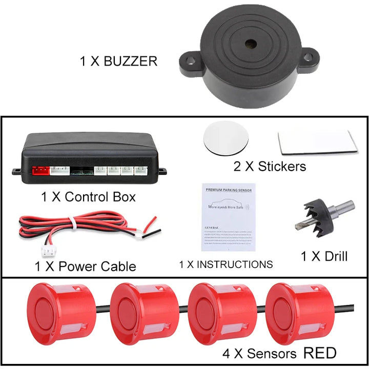 Car Parking Sensor Kit 22mm – 4 Sensors Reverse Radar Buzzer Alert 12 Colors