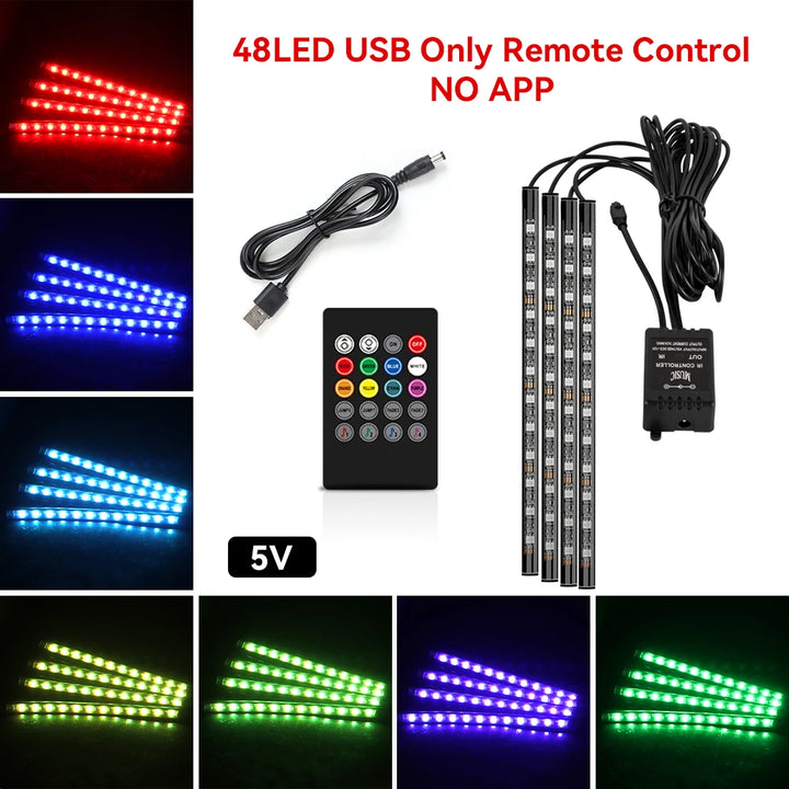 RGB Car Ambient Light Kit – LED Foot Strip Music Sync APP Remote USB Powered