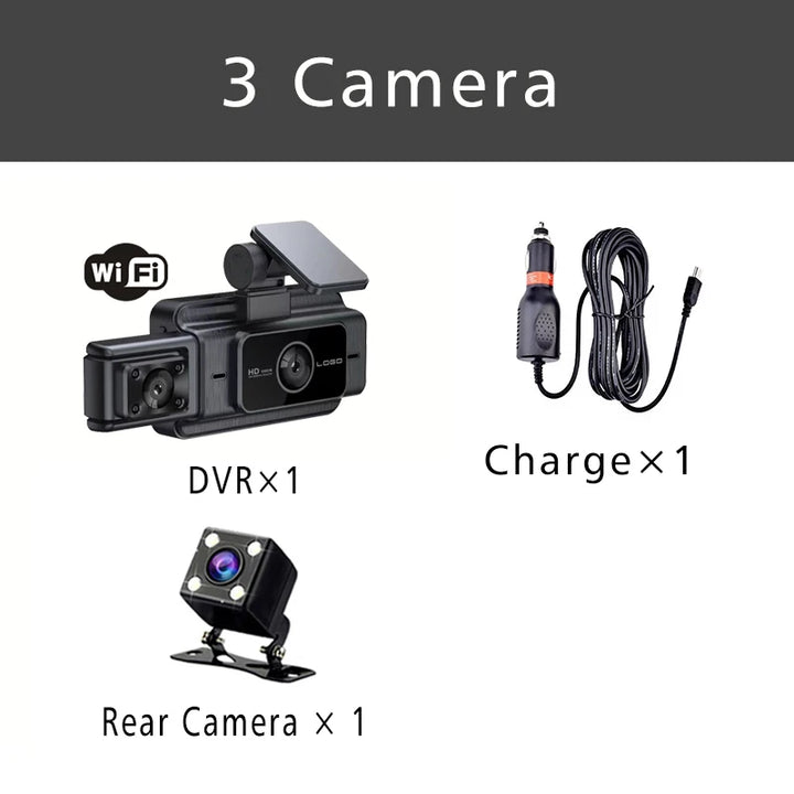 WiFi 3-Channel Dash Cam 1080P – Front Rear & Cabin Interior Black Box Recorder