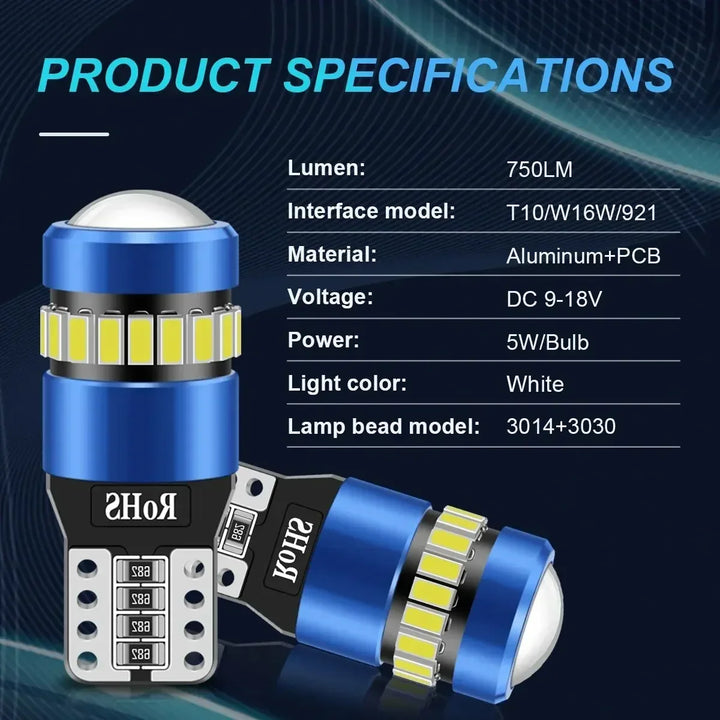 T10 W5W 194 CANBUS LED Bulbs 2-Pack – 6000K White Interior & License Plate