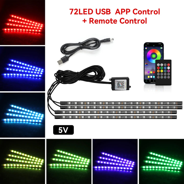 RGB Car Ambient Light Kit – LED Foot Strip Music Sync APP Remote USB Powered