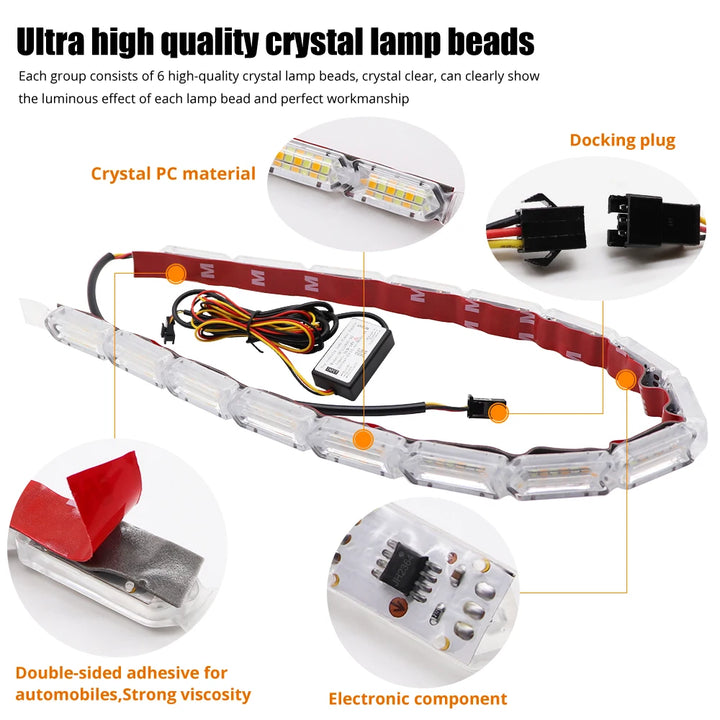Flexible DRL LED Strip Pair – White Driving & Yellow Flowing Turn Signal