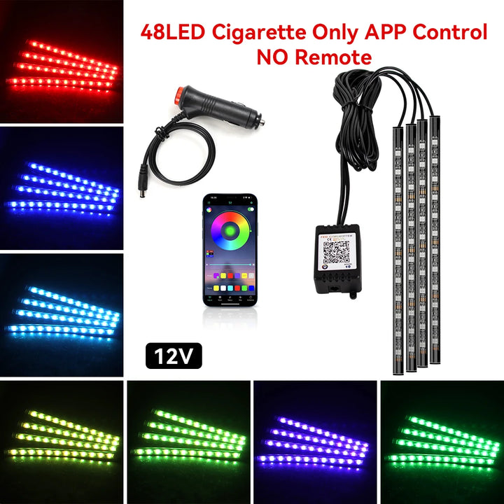 RGB Car Ambient Light Kit – LED Foot Strip Music Sync APP Remote USB Powered