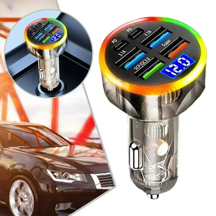 6-Port Car Charger QC3.0 – 12/24V Colorful LED Multi-Port Quick Charge Adapter