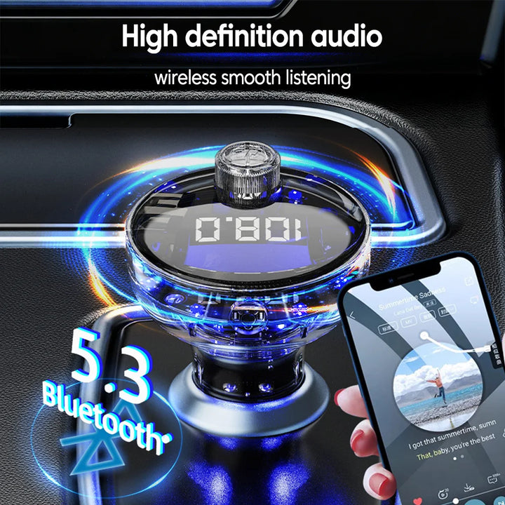 Bluetooth 5.3 FM Transmitter USB-C Dual Charger – Hands-Free Ambient Light