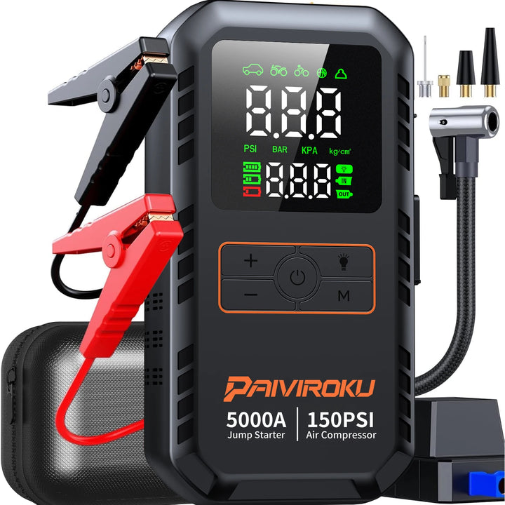 4-in-1 Jump Starter 5000A – Air Compressor 150 PSI Power Bank Tire Inflator