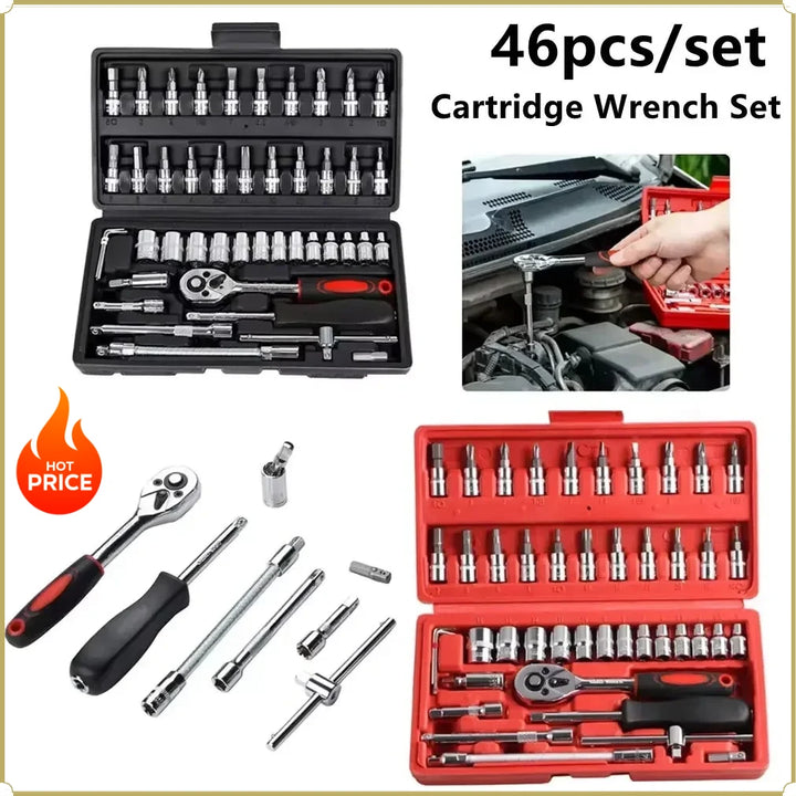 46-Piece 1/4 Drive Socket Set – Metric Mechanic Ratchet Wrench & Bit Tool Kit