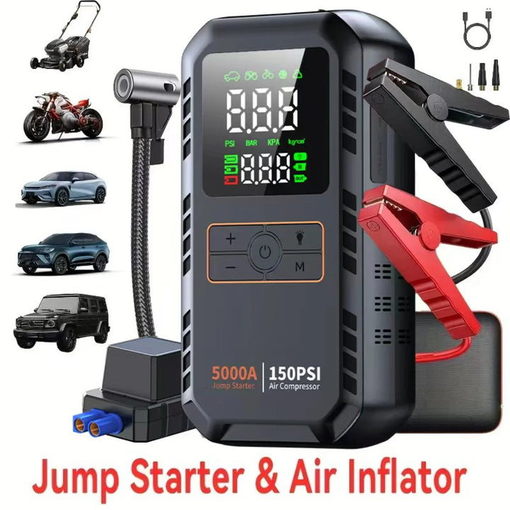 4-in-1 Jump Starter 5000A – Air Compressor 150 PSI Power Bank Tire Inflator