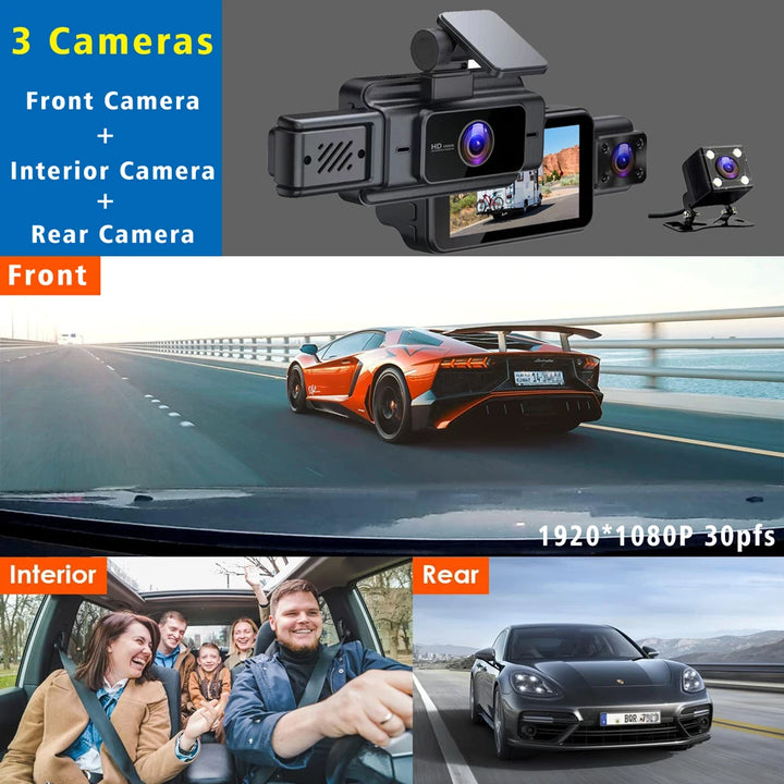 WiFi 3-Channel Dash Cam 1080P – Front Rear & Cabin Interior Black Box Recorder