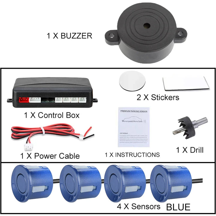 Car Parking Sensor Kit 22mm – 4 Sensors Reverse Radar Buzzer Alert 12 Colors