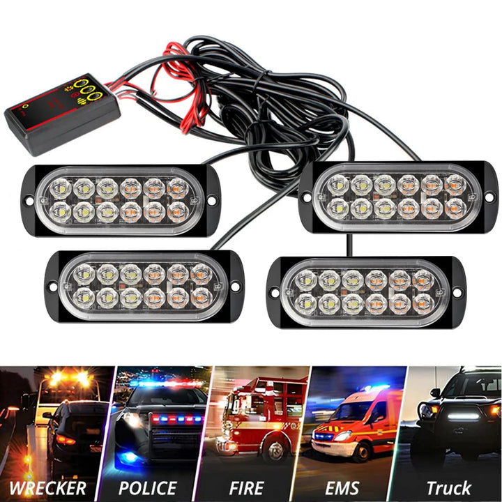 4-in-1 LED Grille Strobe Warning Light – Emergency Flash 12/24V Truck & SUV