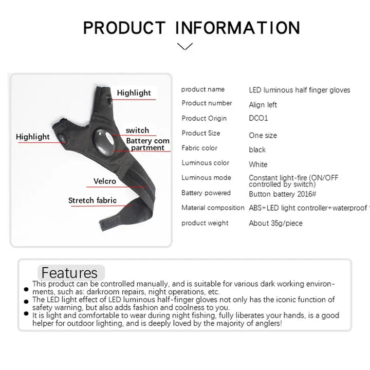 LumiGrip LED Fingerless Gloves