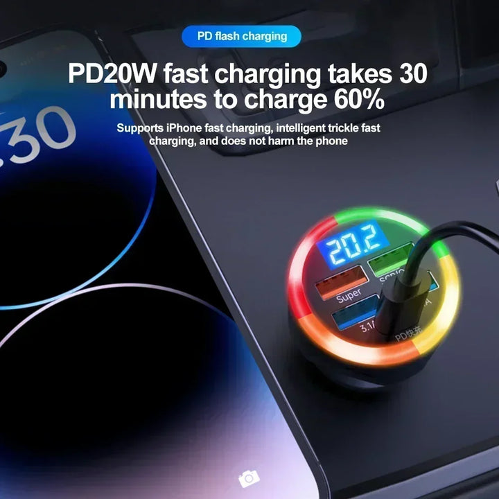 6-Port Car Charger QC3.0 – 12/24V Colorful LED Multi-Port Quick Charge Adapter