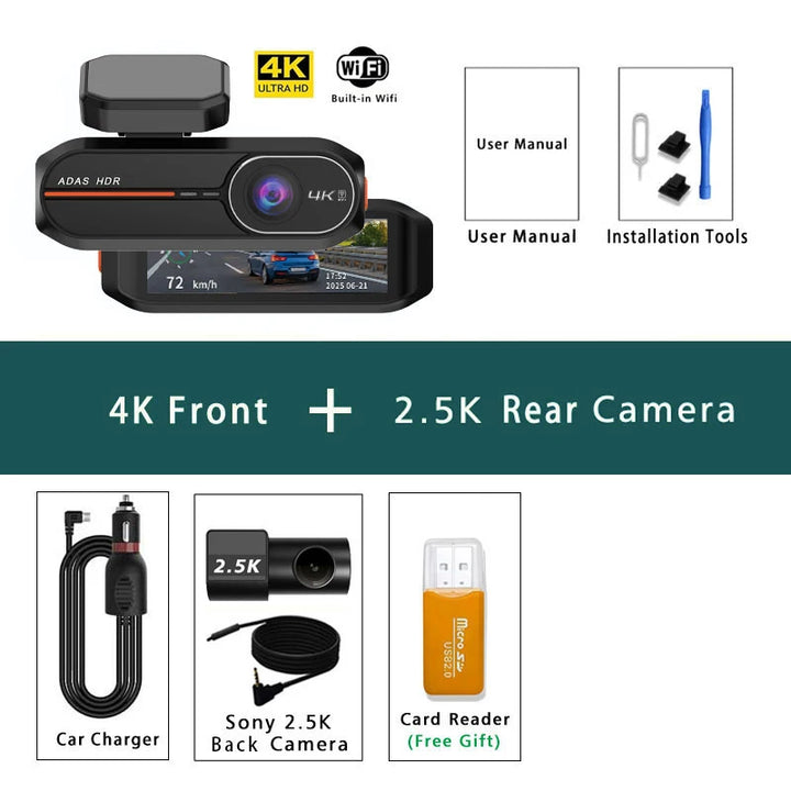 4K Dual Dash Cam WiFi GPS ADAS – Front 4K Rear 2.5K 24H Night Vision Black Box