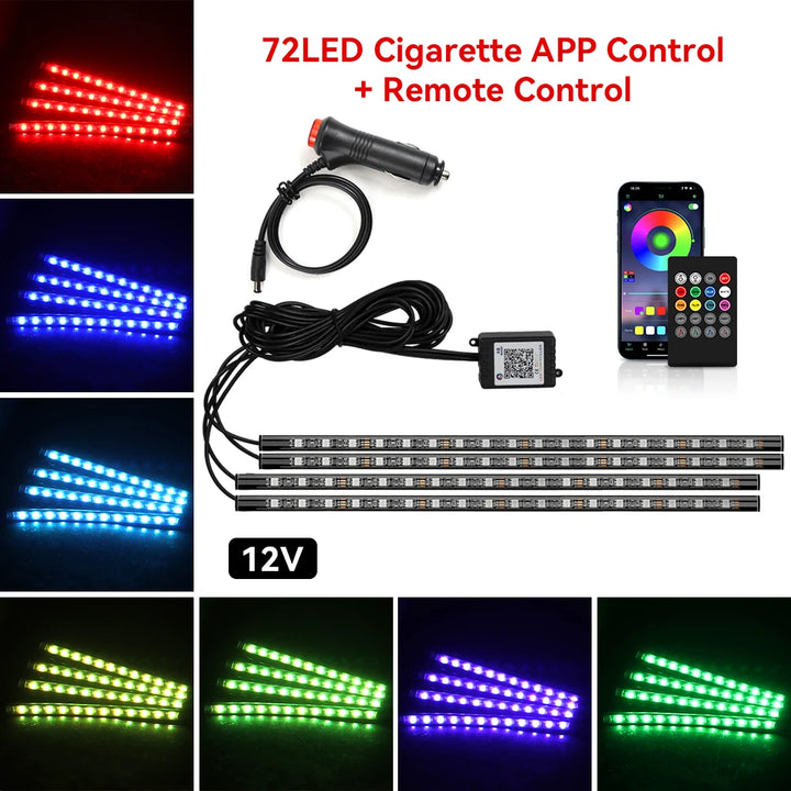 RGB Car Ambient Light Kit – LED Foot Strip Music Sync APP Remote USB Powered