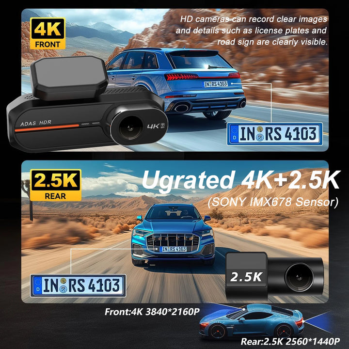 4K Dual Dash Cam WiFi GPS ADAS – Front 4K Rear 2.5K 24H Night Vision Black Box