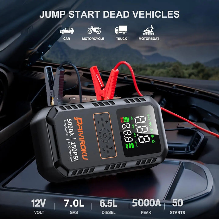4-in-1 Jump Starter 5000A – Air Compressor 150 PSI Power Bank Tire Inflator