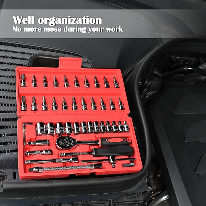 46-Piece 1/4 Drive Socket Ratchet Set – Metric Bit Sockets & Extension Bar