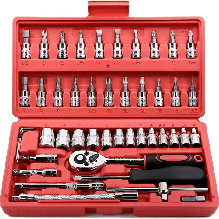 46-Piece 1/4 Drive Socket Ratchet Set – Metric Bit Sockets & Extension Bar