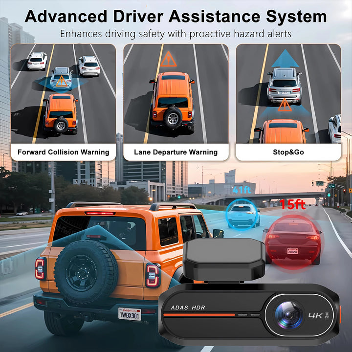 4K Dual Dash Cam WiFi GPS ADAS – Front 4K Rear 2.5K 24H Night Vision Black Box