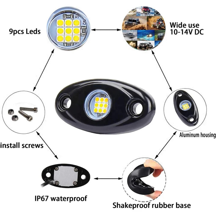 9-LED Rock Lights Kit – Neon Underglow Underbody for Truck SUV & Jeep Off-Road