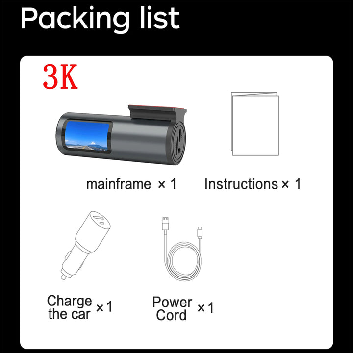 Mini 4K WiFi Dash Cam – G-Sensor 24H Parking Mode Loop Recording USB Install