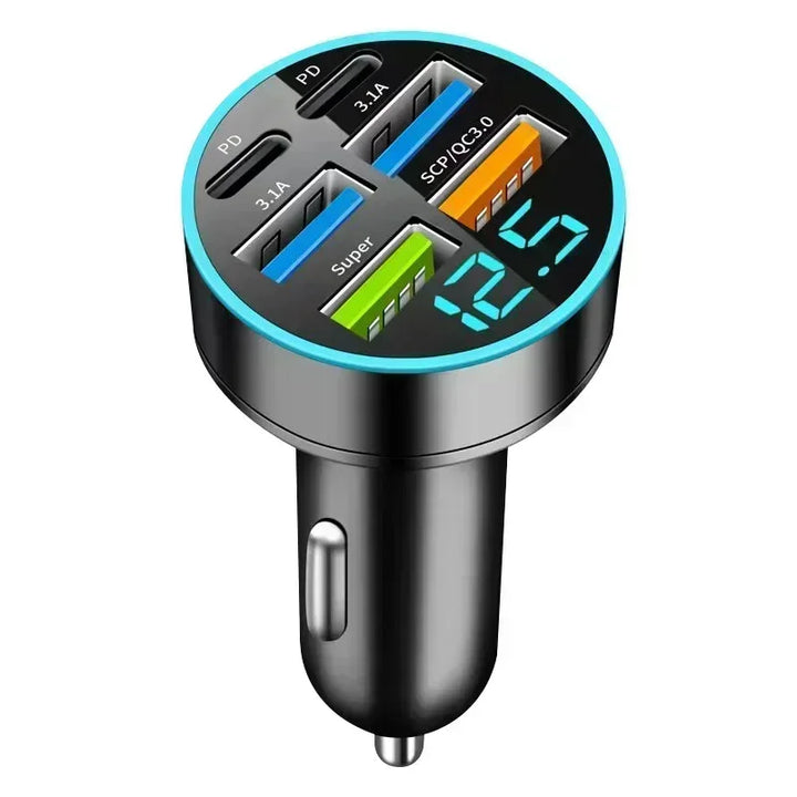6-Port Car Charger QC3.0 – 12/24V Colorful LED Multi-Port Quick Charge Adapter