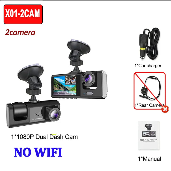 2/3-Channel Dash Cam 1080P – WiFi Cabin Interior Car DVR Three-Way Recorder